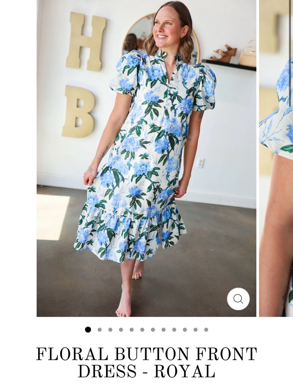 entro Blue and Green Floral Midi Dress with Puff Sleeves